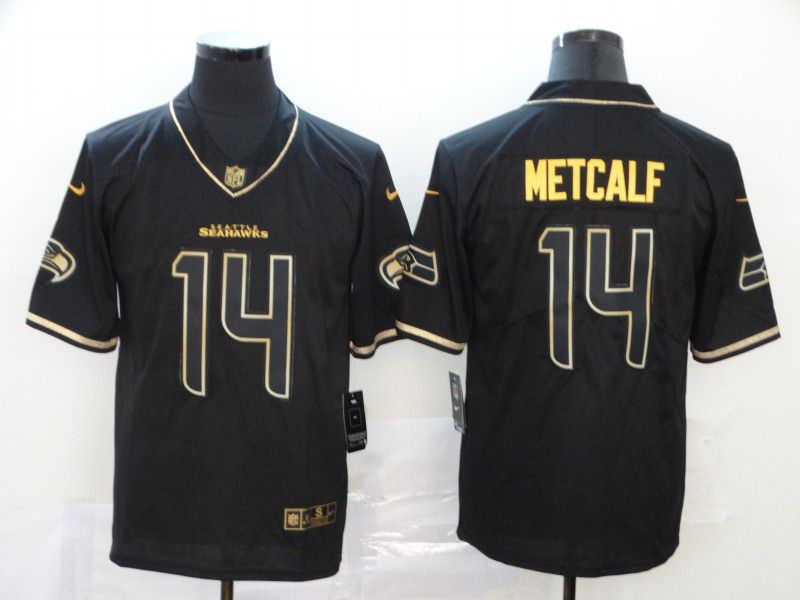 Men Seattle Seahawks #14 Metcalf Black Retro gold character Nike NFL Jerseys